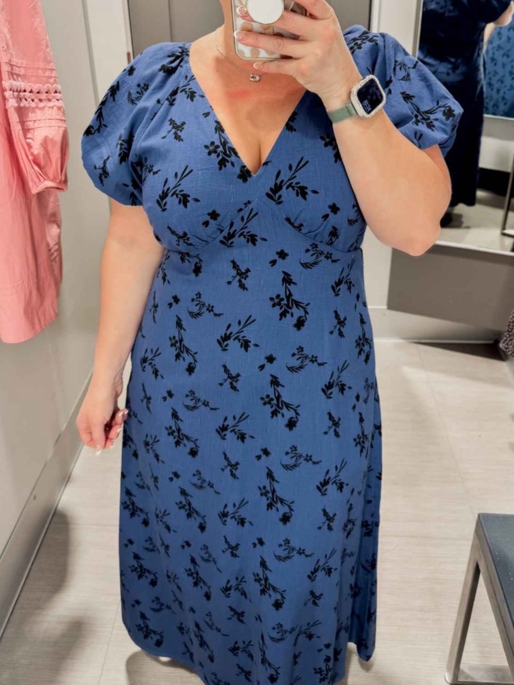 Elegant Blue & Black Floral V-Neck Midi Dress